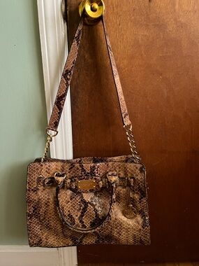 Michael Kors Brown Snake-Print Satchel with Gold Hardware